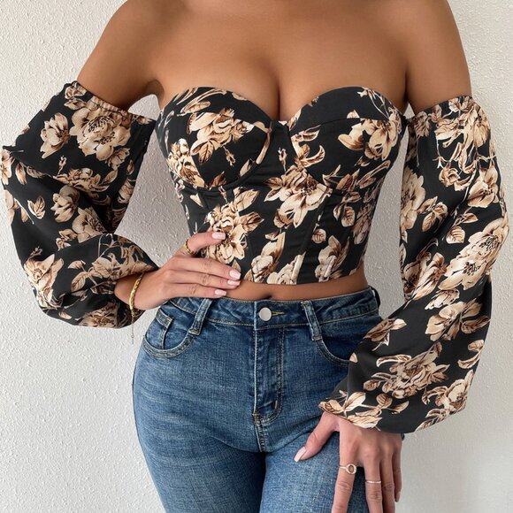 Tops - Multicolor Boho Women's Off Shoulder Floral Print Lantern Sleeve Crop Top
